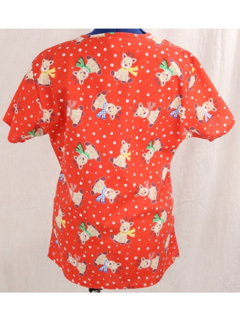 Scrub Top Womens XS Red Polka Dot Christmas Reindeer Medical Uniform Shirt VTG - Picture 3 of 9